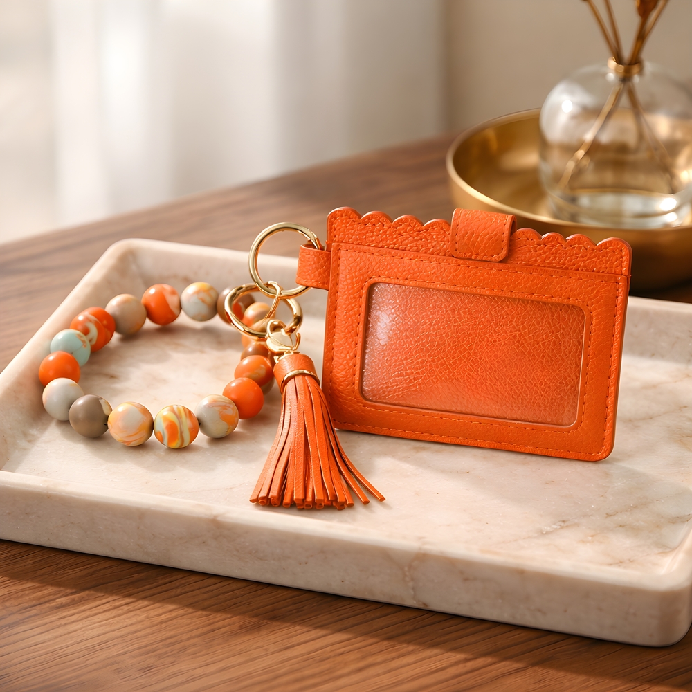 Orange Leather Card Holder Keychain with Tassel and Beaded Bracelet